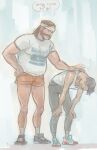  2boys arm_hair awetfrog bandana belly black_hair brown_hair disco_elysium english_text facial_hair full_body gym_shorts hand_hair hand_on_another's_back hands_on_own_knees harry_du_bois highres kim_kitsuragi leg_hair male_focus mature_male multiple_boys mustache mutton_chops pants print_shirt round_eyewear shirt shoes short_hair short_shorts shorts sneakers speech_bubble tank_top thick_mustache tight_clothes tight_shirt track_pants 