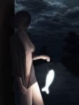  1girl breasts cloud cloudy_sky coat hair_over_one_eye hibi_kaiyou highres holding_lamp looking_at_viewer naked_coat night no_bra outdoors overcast sky solo takatsu_kokone wind yokohama_kaidashi_kikou 