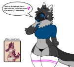  &lt;:3 anthro blep blush blush_lines canid canine canis clothing crop_top female fluffy hi_res legwear looking_away machine mammal nikki protogen screen screen_face shirt solo speech_bubble stolen_artwork text thick_thighs thigh_highs tongue tongue_out topwear traced underwear wide_hips wolf 