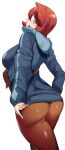  1girl arezu_(pokemon) ass blue_hoodie breasts brown_legwear closed_mouth commentary cowboy_shot cowlick diamond_clan_outfit eyebrows_visible_through_hair eyelashes from_behind hair_between_eyes highres hood hoodie large_breasts long_sleeves looking_at_viewer looking_back pantyhose pokemon pokemon_(game) pokemon_legends:_arceus red_eyes red_hair short_hair simple_background skin_tight smile solo thick_thighs thighs white_background yuuyuu_(yuuki1771) 