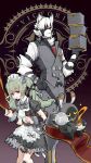 1boy 1girl absurdres animal_bag animal_ear_fluff animal_ears apron arm_belt bangboo_(zenless_zone_zero) bear_bag belt black_dress black_gloves body_fur box breasts brown_belt butler_(zenless_zone_zero) chain closed_mouth collared_vest commentary corin_wickes cowboy_shot cuffs dress english_commentary fingerless_gloves furry furry_male gloves green_hair grey_vest hair_between_eyes highres holding holding_box holding_saucer holding_teapot kiiro_ryo long_hair looking_at_viewer maid maid_apron maid_headdress muzzle open_mouth pouring puffy_short_sleeves puffy_sleeves purple_eyes red_eyes saucer screw_hair_ornament short_sleeves simple_background tail teapot twintails vest von_lycaon white_apron white_fur white_hair wolf_boy wolf_ears wolf_tail zenless_zone_zero 