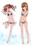  2girls :d absurdres bare_arms bare_legs barefoot bikini black_bikini blue_bikini bow breasts brown_eyes brown_hair cleavage closed_mouth collarbone floating_hair flower frilled_bikini frills front-tie_bikini front-tie_top full_body groin hair_bow hair_flower hair_ornament halterneck highres hiyamizu_yukie long_hair looking_at_viewer lowleg lowleg_bikini misaka_mikoto multiple_girls navel open_mouth polka_dot polka_dot_bikini red_bow salute shiny shiny_hair shirai_kuroko short_hair side-tie_bikini small_breasts smile standing standing_on_one_leg swimsuit toaru_kagaku_no_railgun toaru_majutsu_no_index twintails white_background white_flower 