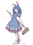  1girl ambiguous_red_liquid animal_ears bloomers blue_dress blue_hair crescent dress earclip eyebrows_behind_hair full_body highres kame_(kamepan44231) kine long_hair looking_at_viewer mallet moon_rabbit puffy_short_sleeves puffy_sleeves rabbit_ears red_eyes seiran_(touhou) short_sleeves simple_background socks solo stain star_(symbol) touhou underwear white_background white_legwear 