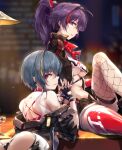  2girls alcohol ass bangs bare_shoulders black_hair black_jacket black_shorts breasts earrings fingerless_gloves fishnet_legwear fishnets gloves honkai_(series) honkai_impact_3rd jacket jewelry long_hair long_sleeves mole mole_under_mouth multiple_girls ponytail purple_eyes purple_hair raiden_mei raiden_mei_(shadow_dash) raven_(honkai_impact_3rd) red_eyes red_legwear reward_available short_hair shorts single_glove sitting sitting_on_table table underboob wine zombie-andy 