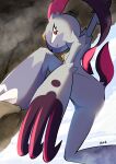  claws climbing closed_mouth cloud commentary_request day fang fang_out from_below highres mamire_(ekcdayo) outdoors pokemon pokemon_(creature) red_eyes sky smile sneasler solo 