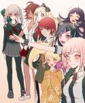  6+girls :d ahoge bangs black_hair black_shirt blonde_hair blue_eyes blue_hair bow braid brown_eyes brown_hair closed_eyes danganronpa_(series) danganronpa_2:_goodbye_despair dress_shirt eyebrows_visible_through_hair flipped_hair flying_sweatdrops full_body glasses grey_shirt grey_skirt hair_bow hair_horns hair_ornament hair_ribbon hat hood jacket japanese_clothes kimono koizumi_mahiru long_hair looking_at_viewer medium_hair miniskirt mioda_ibuki multicolored_hair multiple_girls nanami_chiaki obi open_mouth orange_kimono owari_akane pantyhose pekoyama_peko pink_eyes pink_hair red_eyes ribbon sailor_collar saionji_hiyoko sash shirt shoes short_hair short_sleeves skirt smile sonia_nevermind standing tsumiki_mikan tuteurfars_shin twin_braids twintails white_hair white_ribbon 