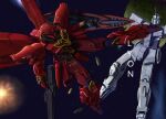  absurdres battle beam_rifle duel energy_gun explosion fake_screenshot gundam gundam_unicorn highres kicking lynx_lyn_58 machinery mecha mecha_focus mobile_suit no_humans robot science_fiction shield signature sinanju space unicorn_gundam weapon 