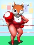  animal_boxing anthro boxing_gloves breasts cervid cleavage clothed clothing female handwear lisa_(animal_boxing) mammal moroq musical_note nintendo one_eye_closed red_eyes rope solo video_games wink 