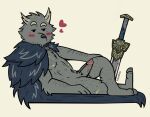  &lt;3 anthro balls blaidd_(elden_ring) blush canid canine canis cape clothing elden_ring erection fur genitals grey_body grey_fur hi_res male mammal melee_weapon navel penis solo sword tulallevas4 weapon wolf 