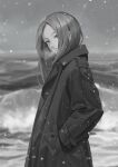  1girl absurdres blurry breath coat cowboy_shot depth_of_field doloyume from_side greyscale head_tilt highres long_hair looking_afar looking_to_the_side monochrome motion_blur nature ocean original outdoors snowing solo waves winter_clothes winter_coat 