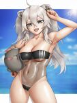  1girl ahoge animal_ears breasts casual_one-piece_swimsuit cleavage covered_navel double_vertical_stripe fangs grey_eyes grey_hair gris_swimsuit highleg highleg_swimsuit highres hololive lion_ears lion_girl long_hair medium_breasts meme_attire messy_hair navel one-piece_swimsuit open_mouth see-through see-through_swimsuit shiny shiny_hair shiny_skin shishiro_botan skylock smile solo ssrb strapless strapless_swimsuit swimsuit two_side_up virtual_youtuber wet 