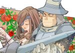  1boy 1girl adelbert_steiner armor beatrix_(ff9) border breastplate breasts brown_hair character_name cleavage closed_eyes closed_mouth curly_hair eyepatch final_fantasy final_fantasy_ix fingerless_gloves floral_background flower gloves helmet holding holding_sword holding_weapon knight medium_breasts medium_hair one_eye_covered plate_armor red_flower red_rose rose shoulder_armor smile sword takase_toho twitter_username upper_body weapon white_border 