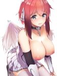  1girl angel_wings artist_name bare_shoulders blush breasts chain collar collarbone dermar eyebrows_visible_through_hair feathered_wings green_eyes highres ikaros kneeling large_breasts long_hair looking_at_viewer nipples open_mouth red_hair sidelocks simple_background skirt solo sora_no_otoshimono thighhighs thighs white_background white_legwear white_skirt white_wings wings 