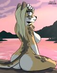  alma_(capaoculta) anthro big_butt blonde_hair breasts butt capaoculta cheetah detailed_background felid feline female hair hi_res lake looking_at_viewer looking_back mammal nude solo wet 