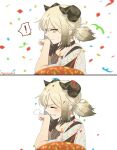  ! 1girl arknights artist_name birthday birthday_cake blonde_hair blush cake candle closed_eyes commentary confetti daimondai4 food highres horns ifrit_(arknights) ponytail simple_background solo sweat upper_body yellow_eyes 