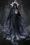  1boy arrodes_(lord_of_the_mysteries) black_cloak chair chinese_commentary cloak commentary_request god hidden_eyes highres holding holding_mirror klein_moretti lord_of_the_mysteries mirror official_art pillar robe smile symbol symbolism table tentacles tentacles_under_clothes translation_request 