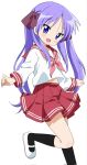  1girl bangs black_legwear brown_ribbon eyebrows_visible_through_hair hair_ribbon highres hiiragi_kagami leg_up long_hair long_sleeves looking_at_viewer lucky_star neckerchief open_mouth pink_neckerchief purple_eyes purple_hair red_skirt ribbon ryouou_school_uniform school_uniform simple_background skirt solo tsubaki_(tatajd) twintails white_background white_footwear white_serafuku 