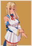  1girl absurdres bare_shoulders blonde_hair blurry bow bowtie braid breasts cleavage closed_mouth clothing_cutout cowboy_shot dark_elf dark_skin depth_of_field dress elf eyebrows_visible_through_hair fuchi_(fuchi_1106) garter_straps hair_between_eyes hair_down halter_dress halterneck head_tilt highres hololive large_breasts long_hair looking_at_viewer miniskirt multicolored_hair orange_eyes pleated_skirt pointy_ears shiranui_flare simple_background skirt smile solo streaked_hair thighhighs virtual_youtuber white_dress white_hair wide_sleeves zettai_ryouiki 