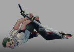  arm_behind_back bandana bandana_around_arm black_bandana black_pants bound bound_wrists collar cuffs earrings full_body gradient_background green_hair handcuffs haramaki jewelry katana male_focus metal_collar muzzle one_piece pants restrained roronoa_zoro shackles shirt short_hair sideburns single_earring solo sword tight_clothes tight_shirt tiskni top-down_bottom-up weapon white_shirt 
