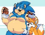  anthro belly blush canid canine chilli_dog clothing duo fox gloves grabbing_belly handwear lewdookami male male/male mammal miles_prower navel overweight overweight_male sega slightly_chubby sonic_the_hedgehog sonic_the_hedgehog_(series) ursid 