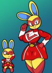  2022 4k absurd_res animal_crossing anthro big_breasts breasts clothing curvy_figure digital_media_(artwork) dress eyelashes female fingers fur gloves hand_on_hip handwear hi_res hourglass_figure lagomorph leporid lips long_ears looking_at_viewer mammal mask mira_(animal_crossing) nintendo rabbit simple_background smile solo someth1ngoranother standing superhero teal_background teal_eyes teeth thick_thighs video_games voluptuous wide_hips yellow_body yellow_fur 