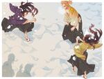  3boys black_hair blonde_hair brothers day extra facial_mark floating_hair hakama holding_snowball in_the_face japanese_clothes kimetsu_no_yaiba kimono long_hair long_sleeves male_focus mintiaorion multiple_boys out_of_frame outdoors outside_border ponytail shadow siblings smile snow snowball snowball_fight squatting standing tabi tsugikuni_michikatsu tsugikuni_yoriichi wide_sleeves winter yellow_kimono zouri 