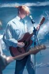  1boy acoustic_guitar bangs blonde_hair blue_eyes blurry blush cable collared_shirt dated day denim depth_of_field earphones feet_out_of_frame guitar highres instrument jeans kagamine_len light_smile long_sleeves looking_away looking_down male_focus microphone_stand music out_of_frame oversized_clothes oversized_shirt pants playing_instrument ponytail profile s.ansel shirt signature solo_focus standing sunlight sweat vocaloid waves white_shirt 