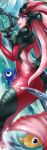  1girl :d absurdres animal ass blue_eyes breasts colored_skin fish from_behind highres holding holding_staff koi_nami league_of_legends long_hair looking_at_viewer medium_breasts mermaid monster_girl nam_(valckiry) nami_(league_of_legends) official_alternate_costume open_mouth red_hair red_skin smile staff water 