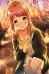  1girl absurdres agatsuma_ren alternative_girls blush breasts cleavage eyebrows_visible_through_hair fang green_eyes hand_on_own_chest heart heart_necklace highres jewelry lights long_sleeves looking_at_viewer official_art open_mouth outdoors red_hair solo 