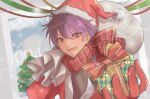  1boy artist_name bag bishounen character_request christmas christmas_tree copyright_request daimondai4 gift gloves hat male_focus open_mouth photo_(object) purple_hair red_eyes ribbon santa_costume santa_hat scarf snowing 