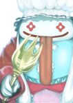  1other colored_skin final_fantasy final_fantasy_ix fork hat highres holding holding_fork jacket layered_clothes long_sleeves long_tongue quina_quen red_jacket simple_background sleeves_past_wrists smile tongue tongue_out translation_request user_ctcd5473 white_background white_hat white_skin 