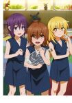  3girls :d absurdres bangs bare_arms bare_legs blonde_hair brown_eyes brown_hair collarbone doll dolly_(toaru_kagaku_no_railgun) eyebrows_visible_through_hair hair_between_eyes highres holding indoors kouzaku_mitori long_hair looking_at_viewer multiple_girls page_number purple_eyes purple_hair shiny shiny_hair shokuhou_misaki short_hair smile standing straight_hair stuffed_animal stuffed_bunny stuffed_toy symbol-shaped_pupils tanaka_yuuichi toaru_kagaku_no_railgun toaru_majutsu_no_index very_long_hair younger 