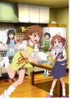  4girls :d :o absurdres apron black_hair black_legwear blue_apron blue_eyes border bow brown_eyes brown_hair closed_mouth collared_shirt dress_shirt falling food fruit gloves green_apron grey_skirt hair_bow hair_ornament hairclip highres holding holding_food holding_fruit holding_knife indoors kitchen knife long_hair miniskirt misaka_mikoto multiple_girls open_mouth pink_gloves pink_shirt pleated_skirt purple_apron purple_sleeves red_bow saten_ruiko school_uniform shiny shiny_hair shirai_kuroko shirt short_hair short_sleeves skirt slippers smile socks standing straight_hair sweater_vest tanaka_yuuichi toaru_kagaku_no_railgun toaru_majutsu_no_index tokiwadai_school_uniform twintails uiharu_kazari v-shaped_eyebrows white_border white_legwear white_shirt wing_collar wooden_floor yellow_apron 