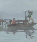  2boys awetfrog black_hair bomber_jacket brown_hair disco_elysium facial_hair full_body green_jacket harry_du_bois highres jacket kim_kitsuragi looking_at_another male_focus mature_male multiple_boys mustache mustache_stubble mutton_chops on_boat open_clothes open_jacket orange_jacket outdoors pier radio reflection reflective_water round_eyewear short_hair sitting stubble thick_mustache water 