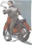  1boy awetfrog back back_focus black_hair black_jacket bomber_jacket cigarette disco_elysium facial_hair full_body gloves highres holding holding_cigarette jacket kim_kitsuragi looking_back male_focus mature_male mustache_stubble on_motorcycle round_eyewear short_hair smoke smoke_trail solo stubble 