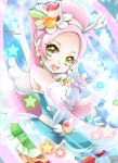  1girl :d artist_name bare_shoulders commentary_request cure_parfait dress earrings eyelashes gloves gradient gradient_background green_eyes hair_ornament jewelry kirahoshi_ciel kirakira_precure_a_la_mode long_hair looking_at_viewer magical_girl open_mouth pink_hair precure room603 smile solo standing wand white_gloves 