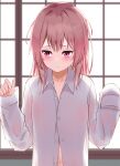 1girl absurdres bangs blurry blurry_background blush brown_hair closed_mouth collarbone collared_shirt commentary_request depth_of_field dress_shirt eyebrows_visible_through_hair hands_up highres indoors inui_sajuna kara_(color1087) long_hair long_sleeves looking_away looking_to_the_side navel pink_hair purple_eyes shirt sleeves_past_fingers sleeves_past_wrists solo sono_bisque_doll_wa_koi_wo_suru upper_body white_shirt 