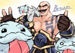  1boy :d :p bald braum_(league_of_legends) brown_gloves character_name facial_hair fingerless_gloves gloves horns league_of_legends mustache nam_(valckiry) poro_(league_of_legends) shiny shiny_skin smile tattoo teeth thumbs_up tongue tongue_out 