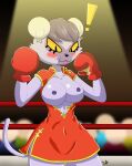  animal_boxing anthro asian_clothing blush boxing boxing_gloves breasts chinese_clothing chinese_dress chun_(animal_boxing) clothing domestic_cat dress east_asian_clothing felid feline felis female fighting_ring handwear hi_res looking_down mammal marce-mustaine sport 