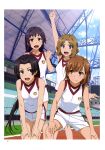  4girls :d absurdres arm_up awatsuki_maaya black_hair border brown_eyes brown_hair closed_mouth collarbone floating_hair flower gym_uniform hair_flower hair_ornament hands_on_own_knees highres kongou_mitsuko leaning_forward long_hair looking_at_viewer looking_to_the_side misaka_mikoto multiple_girls outdoors page_number purple_eyes purple_hair shiny shiny_hair shirt short_hair short_shorts shorts sleeveless sleeveless_shirt smile stadium tanaka_yuuichi thigh_gap toaru_kagaku_no_railgun toaru_majutsu_no_index very_long_hair wannai_kinuho white_border white_flower white_shirt white_shorts 