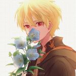  1boy artist_name bishounen blonde_hair character_request copyright_request daimondai4 flower highres hood hoodie male_focus red_eyes simple_background solo upper_body 