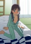  1girl barefoot bed blush breasts curtains eyebrows feet flcl full_body green_eyes long_hair ninamori_eri open_clothes open_mouth pajamas pillow purple_hair shikuchin sitting solo striped unbuttoned unbuttoned_shirt 