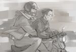  2boys awetfrog blush bomber_jacket disco_elysium driving facial_hair gloves greyscale harry_du_bois helmet highres hug hug_from_behind jacket kim_kitsuragi male_focus mature_male monochrome multiple_boys mustache mustache_stubble mutton_chops on_motorcycle open_clothes open_jacket round_eyewear short_hair smile stubble thick_mustache upper_body 