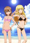  2girls ;q absurdres bare_arms bare_legs beach bikini black_bikini blonde_hair blue_sky breasts brown_eyes brown_hair cleavage closed_mouth cloud collarbone day flower hair_flower hair_ornament halterneck highres hiyamizu_yukie kobuchi_yousuke long_hair medium_breasts misaka_mikoto multiple_girls navel ocean one_eye_closed outdoors pink_bikini ribbon shiny shiny_hair shokuhou_misaki short_hair side-tie_bikini sideboob sky small_breasts smile standing straight_hair striped striped_bikini summer sun sweatdrop swimsuit symbol-shaped_pupils toaru_kagaku_no_railgun toaru_majutsu_no_index tongue tongue_out underboob very_long_hair w_over_eye white_flower white_ribbon 