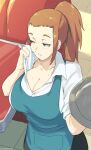  1girl apron blue_apron breasts brown_hair cleavage collared_shirt diner_dash flo_(diner_dash) green_eyes half-closed_eyes highres holding holding_tray indoors large_breasts ponytail shirt tray tyrone white_shirt wiping_face 