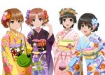  4girls :d absurdres alternate_costume black_hair black_kimono blue_eyes blue_flower blue_kimono brown_eyes brown_hair closed_mouth floral_print flower gradient_kimono hair_flower hair_intakes hair_ornament hair_ribbon head_wreath highres japanese_clothes kimono looking_at_viewer misaka_mikoto multiple_girls open_mouth orange_flower pink_flower pink_kimono print_kimono purple_flower purple_kimono red_flower red_ribbon ribbon saten_ruiko shiny shiny_hair shirai_kuroko short_hair simple_background smile standing tied_hair toaru_kagaku_no_railgun toaru_majutsu_no_index twintails uiharu_kazari white_background white_flower yellow_kimono yoshida_yuuko yukata 