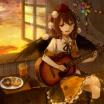  1girl acoustic_guitar bird_wings black_legwear black_ribbon black_skirt black_wings book brown_hair collared_shirt commentary_request crossed_legs feathered_wings frilled_skirt frills guitar hat highres instrument leaf-pattern_stripe music open_mouth playing_instrument red_eyes red_headwear ribbon shameimaru_aya shirt short_hair short_sleeves shuu@maihikuboshuchu sitting skirt sunset tengu tokin_hat touhou white_shirt wings 