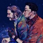  2boys arm_up black-framed_eyewear black_gloves black_hair black_jacket cigarette closed_mouth collared_jacket collared_shirt commentary_request disco_elysium facial_hair glasses glove_cutout gloves hair_slicked_back harry_du_bois highres holding holding_cigarette jacket kim_kitsuragi looking_ahead male_focus mi_(scissortropical) multiple_boys mustache mutton_chops necktie night night_sky orange_jacket profile shirt short_hair sky suit_jacket upper_body white_shirt 