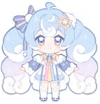  1girl bad_id bad_twitter_id blue_eyes blue_footwear blue_hair blue_jacket chibi commentary dress english_commentary full_body fur-trimmed_jacket fur-trimmed_sleeves fur_trim gradient_hair hatsune_miku isakysaku jacket multicolored_hair open_clothes open_jacket purple_hair shoes simple_background solo standing thighhighs twintails vocaloid white_background white_dress white_thighhighs yuki_miku yuki_miku_(2023)_(applicant) 