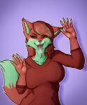  2021 anthro canid canine clothing countershading ear_piercing edgeartstation female fox fur green_body green_eyes green_fur hair hi_res highlights_(coloring) hoodie licking licking_screen long_hair looking_at_viewer mammal piercing red_body red_fur red_hair screen smile solo solo_focus tongue tongue_out topwear 